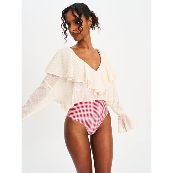 Magali Beige Dotted Mesh Ruffle Top - Picture 9 of 12